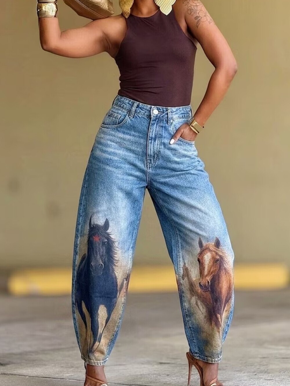 Jeans, High Waist Loose Straight Vintage Washed Denim Trousers, Horse Print